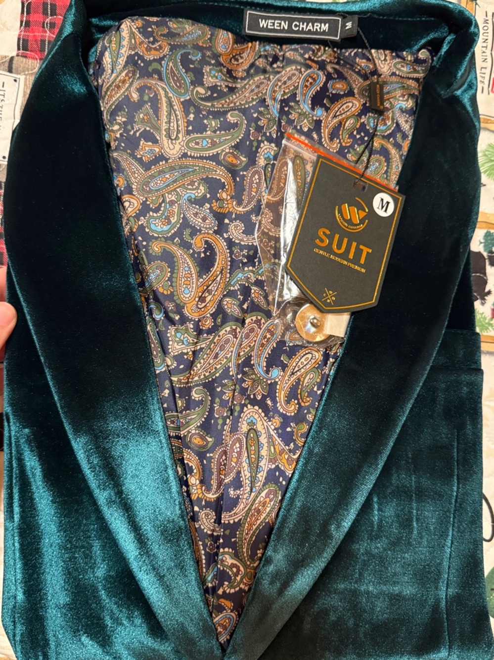 Men's Teal Velvet Blazer with Paisley Lining
